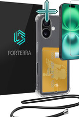 Forterra Hoesje Geschikt voor iPhone 16 Pashouder Case Siliconen Hoes Met Koord Met Screenprotector - Hoes Geschikt voor iPhone 16 Met Telefoonkoord Hoesje Back Cover Met Pasjeshouder - Transparant - 2 PACK