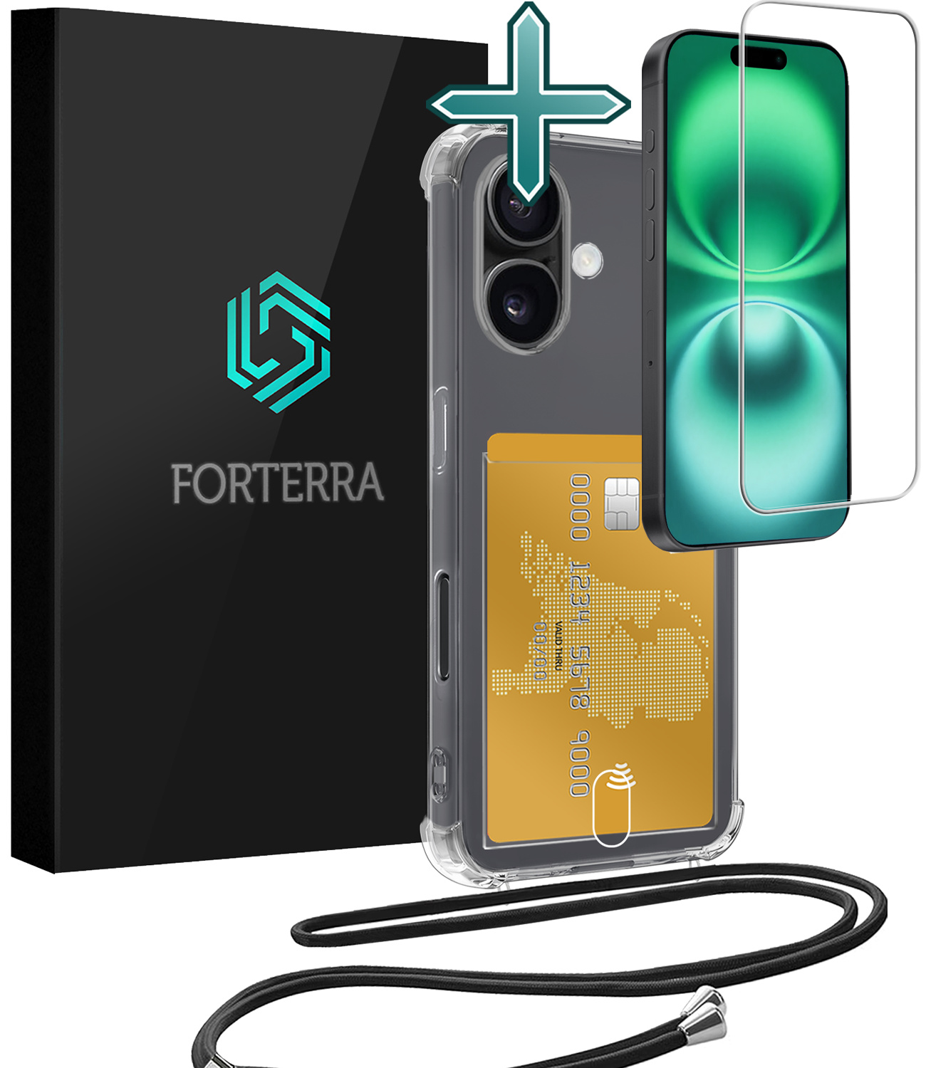 Forterra Hoesje Geschikt voor iPhone 16 Pashouder Case Siliconen Hoes Met Koord Met Screenprotector - Hoes Geschikt voor iPhone 16 Met Telefoonkoord Hoesje Back Cover Met Pasjeshouder - Transparant - 2 PACK
