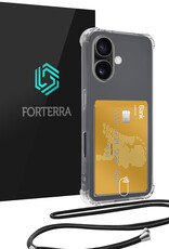 Forterra Hoesje Geschikt voor iPhone 16 Plus Pashouder Case Siliconen Hoes Met Koord - Hoes Geschikt voor iPhone 16 Plus Met Telefoonkoord Hoesje Back Cover Met Pasjeshouder - Transparant