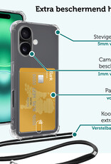 Forterra Hoesje Geschikt voor iPhone 16 Plus Pashouder Case Siliconen Hoes Met Koord Met Screenprotector - Hoes Geschikt voor iPhone 16 Plus Met Telefoonkoord Hoesje Back Cover Met Pasjeshouder - Transparant - 2 PACK