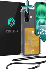 Forterra Hoesje Geschikt voor iPhone 16 Plus Pashouder Case Siliconen Hoes Met Koord Met 2x Screenprotector - Hoes Geschikt voor iPhone 16 Plus Met Telefoonkoord Hoesje Back Cover Met Pasjeshouder - Transparant - 2 PACK