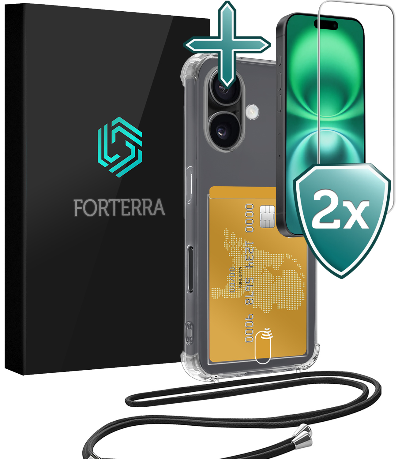 Forterra Hoesje Geschikt voor iPhone 16 Plus Pashouder Case Siliconen Hoes Met Koord Met 2x Screenprotector - Hoes Geschikt voor iPhone 16 Plus Met Telefoonkoord Hoesje Back Cover Met Pasjeshouder - Transparant - 2 PACK