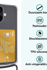 Forterra Hoesje Geschikt voor iPhone 16 Plus Pashouder Case Siliconen Hoes Met Koord Met 2x Screenprotector - Hoes Geschikt voor iPhone 16 Plus Met Telefoonkoord Hoesje Back Cover Met Pasjeshouder - Transparant - 2 PACK