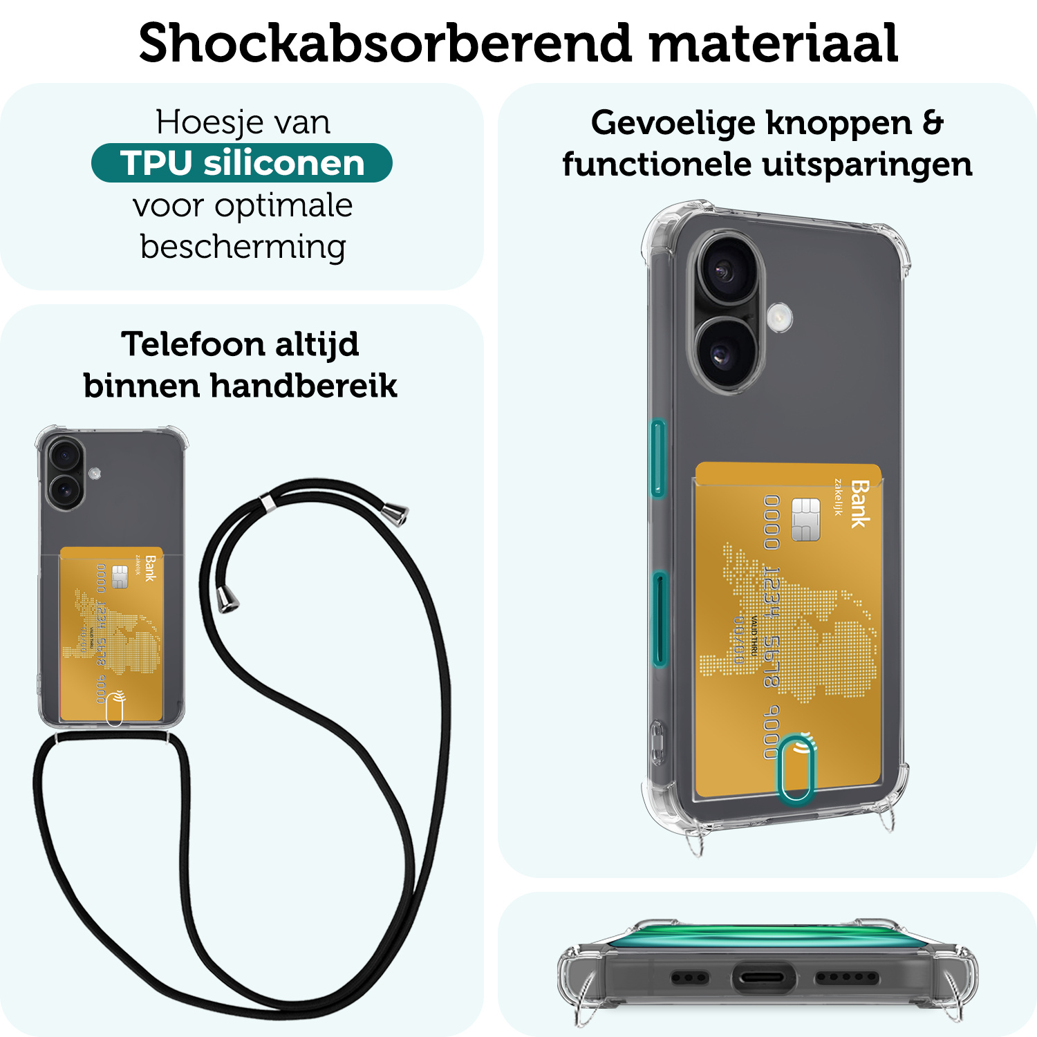 Forterra Hoesje Geschikt voor iPhone 16 Plus Pashouder Case Siliconen Hoes Met Koord Met 2x Screenprotector - Hoes Geschikt voor iPhone 16 Plus Met Telefoonkoord Hoesje Back Cover Met Pasjeshouder - Transparant - 2 PACK