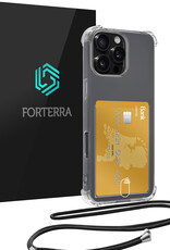 Forterra Hoesje Geschikt voor iPhone 16 Pro Pashouder Case Siliconen Hoes Met Koord - Hoes Geschikt voor iPhone 16 Pro Met Telefoonkoord Hoesje Back Cover Met Pasjeshouder - Transparant