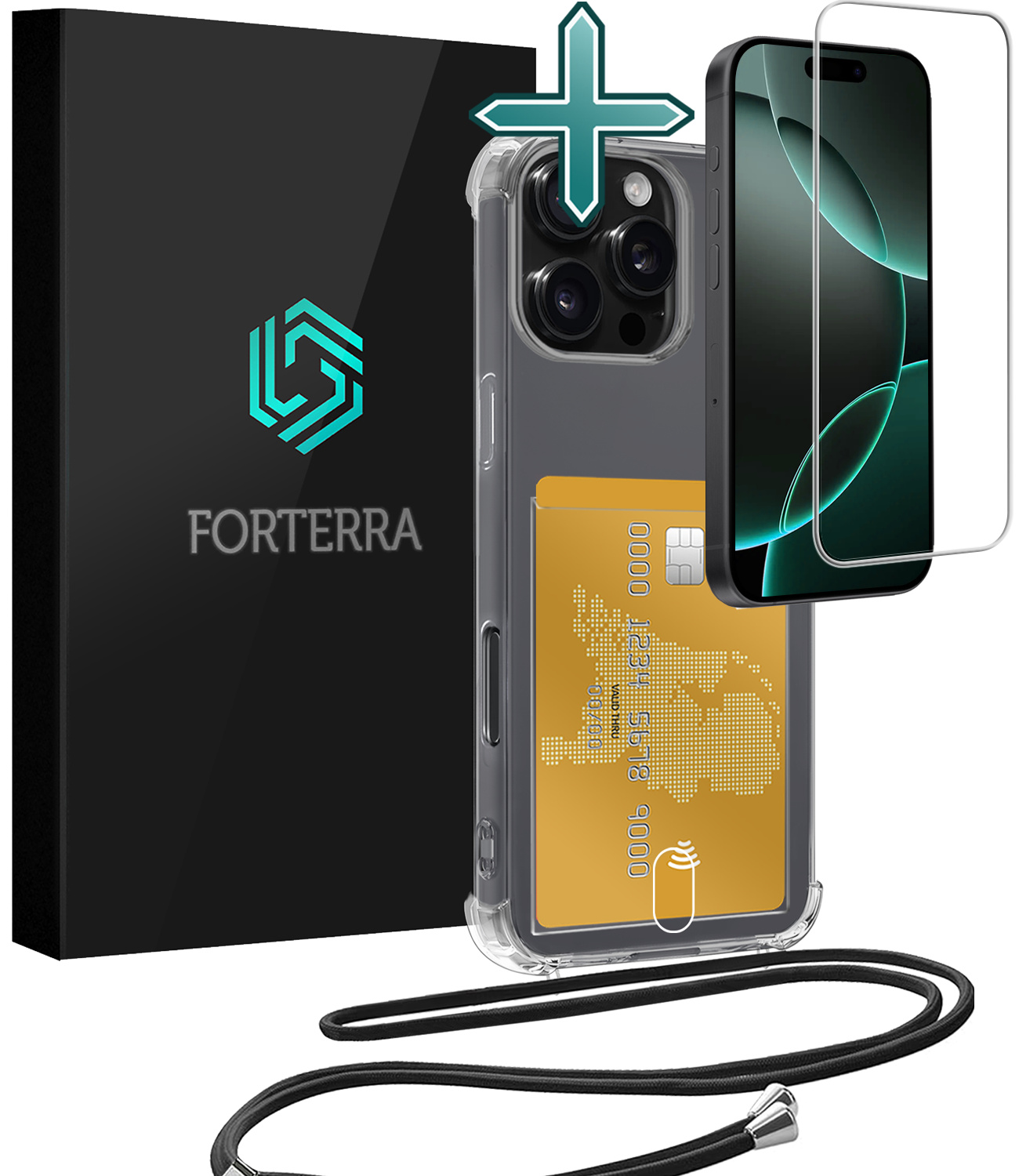 Forterra Hoesje Geschikt voor iPhone 16 Pro Pashouder Case Siliconen Hoes Met Koord Met Screenprotector - Hoes Geschikt voor iPhone 16 Pro Met Telefoonkoord Hoesje Back Cover Met Pasjeshouder - Transparant - 2 PACK