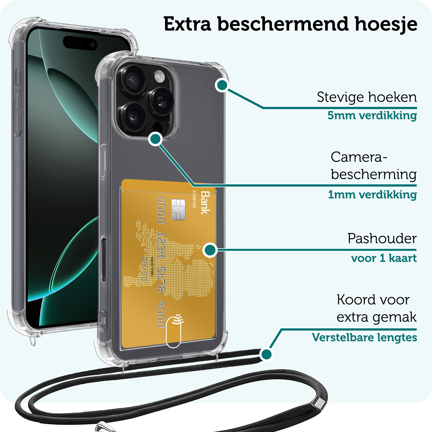 Forterra Hoesje Geschikt voor iPhone 16 Pro Pashouder Case Siliconen Hoes Met Koord Met Screenprotector - Hoes Geschikt voor iPhone 16 Pro Met Telefoonkoord Hoesje Back Cover Met Pasjeshouder - Transparant - 2 PACK