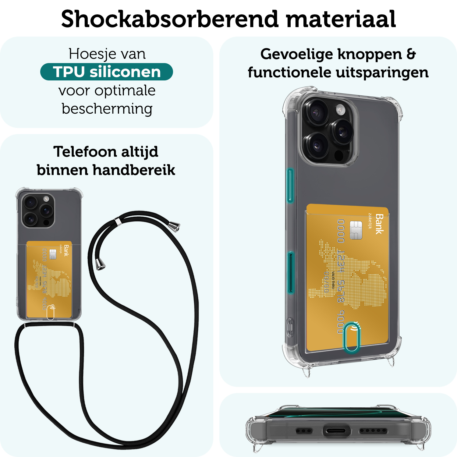 Forterra Hoesje Geschikt voor iPhone 16 Pro Pashouder Case Siliconen Hoes Met Koord Met Screenprotector - Hoes Geschikt voor iPhone 16 Pro Met Telefoonkoord Hoesje Back Cover Met Pasjeshouder - Transparant - 2 PACK