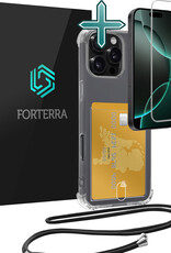 Forterra Hoesje Geschikt voor iPhone 16 Pro Max Pashouder Case Siliconen Hoes Met Koord Met Screenprotector - Hoes Geschikt voor iPhone 16 Pro Max Met Telefoonkoord Hoesje Back Cover Met Pasjeshouder - Transparant - 2 PACK