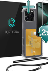 Forterra Hoesje Geschikt voor iPhone 16 Pro Max Pashouder Case Siliconen Hoes Met Koord Met 2x Screenprotector - Hoes Geschikt voor iPhone 16 Pro Max Met Telefoonkoord Hoesje Back Cover Met Pasjeshouder - Transparant - 2 PACK