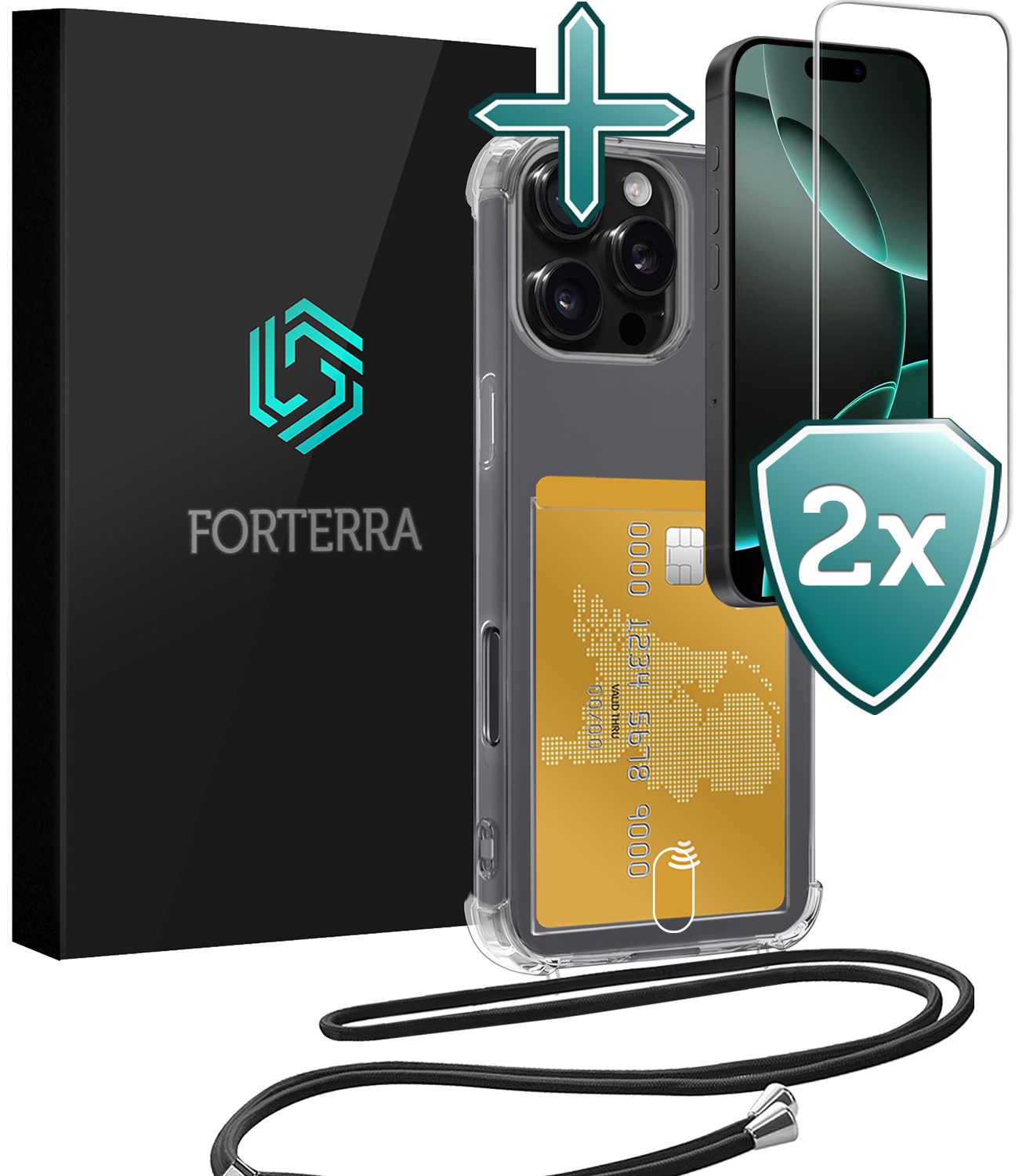 Forterra Hoesje Geschikt voor iPhone 16 Pro Max Pashouder Case Siliconen Hoes Met Koord Met 2x Screenprotector - Hoes Geschikt voor iPhone 16 Pro Max Met Telefoonkoord Hoesje Back Cover Met Pasjeshouder - Transparant - 2 PACK