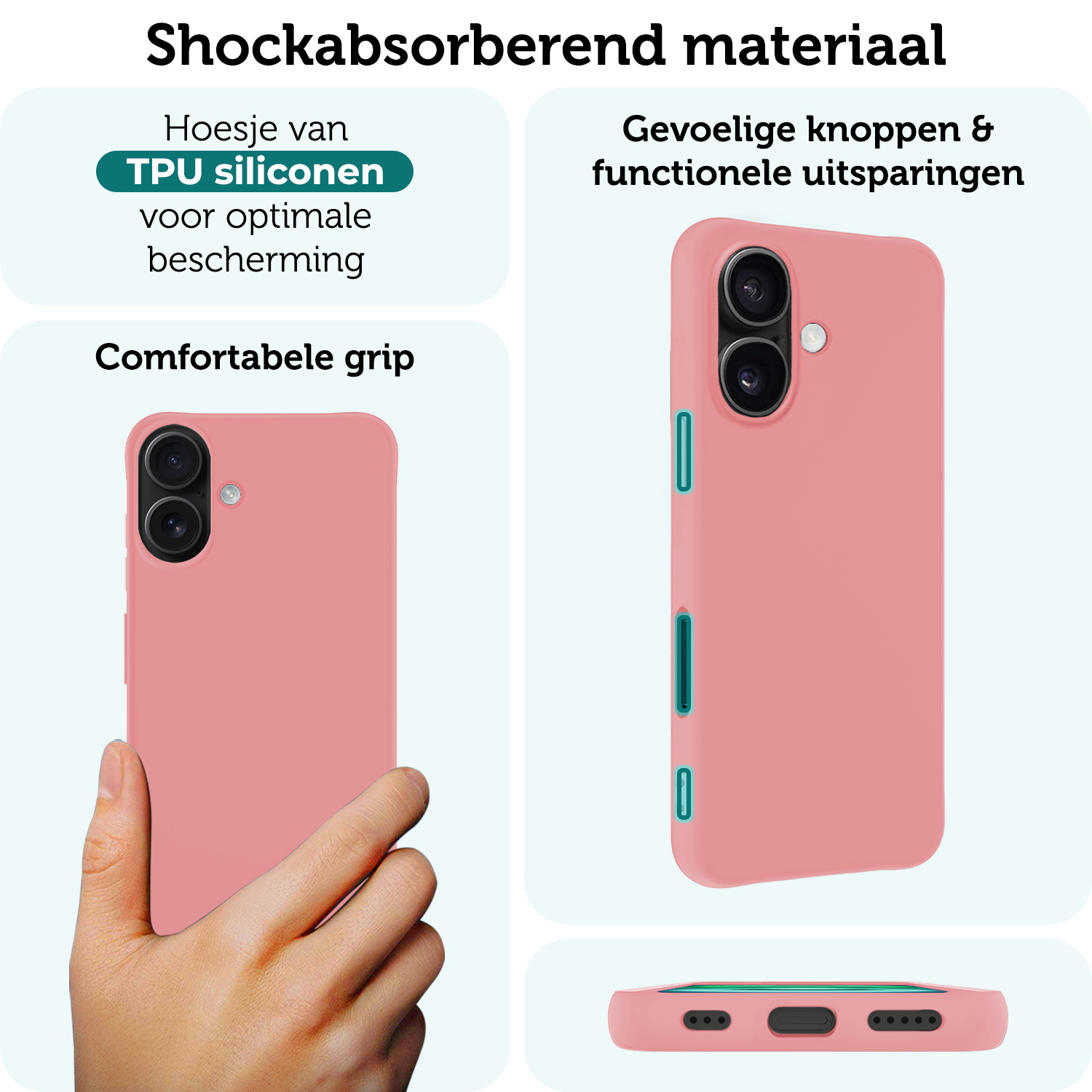 Forterra Hoesje Geschikt voor iPhone 16 Case Siliconen Hoes - Hoes Geschikt voor iPhone 16 Hoesje Back Cover - Lichtroze - 2 PACK