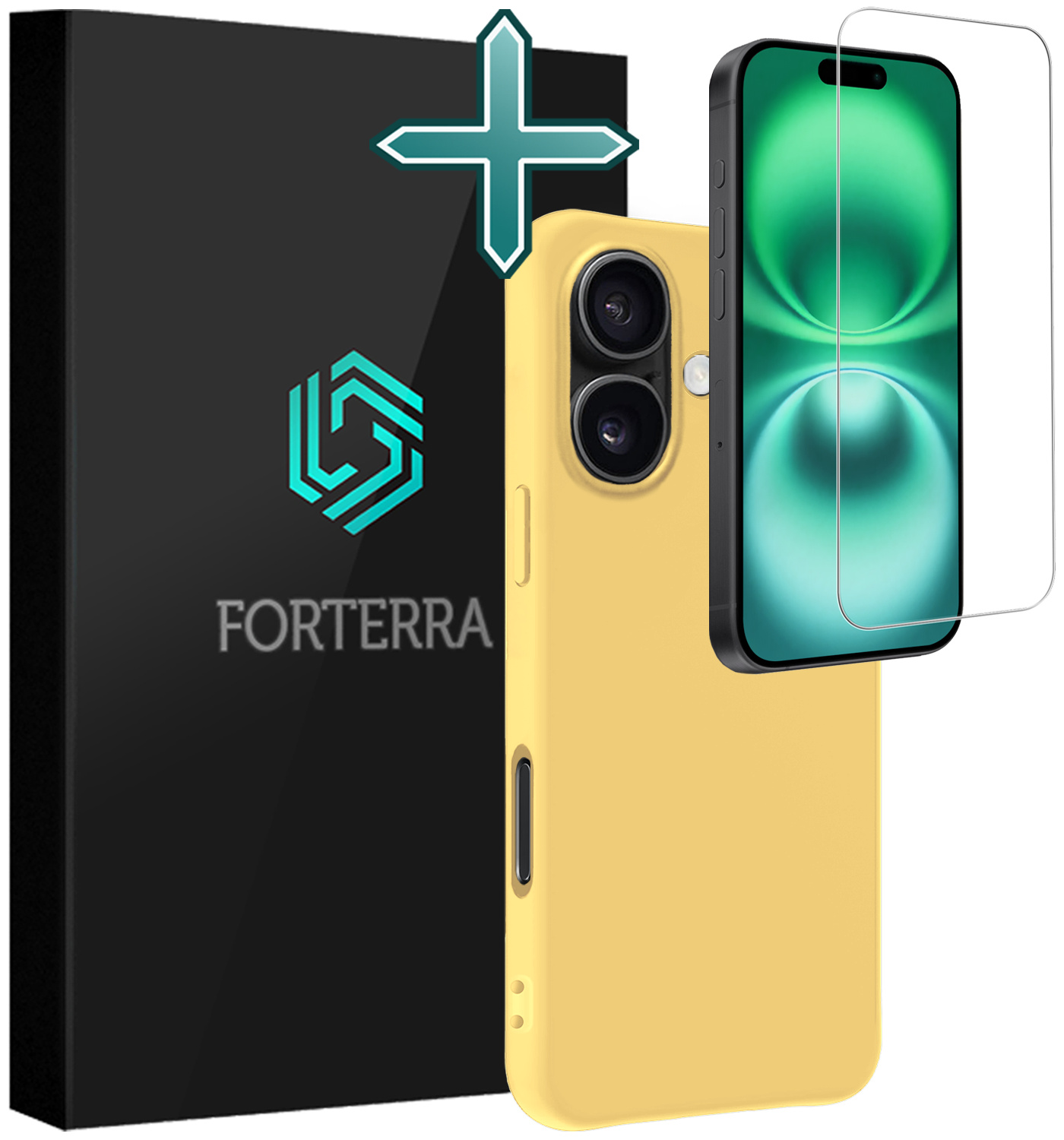 Forterra Hoesje Geschikt voor iPhone 16 Case Siliconen Hoes Met Screenprotector - Hoes Geschikt voor iPhone 16 Hoesje Back Cover - Geel