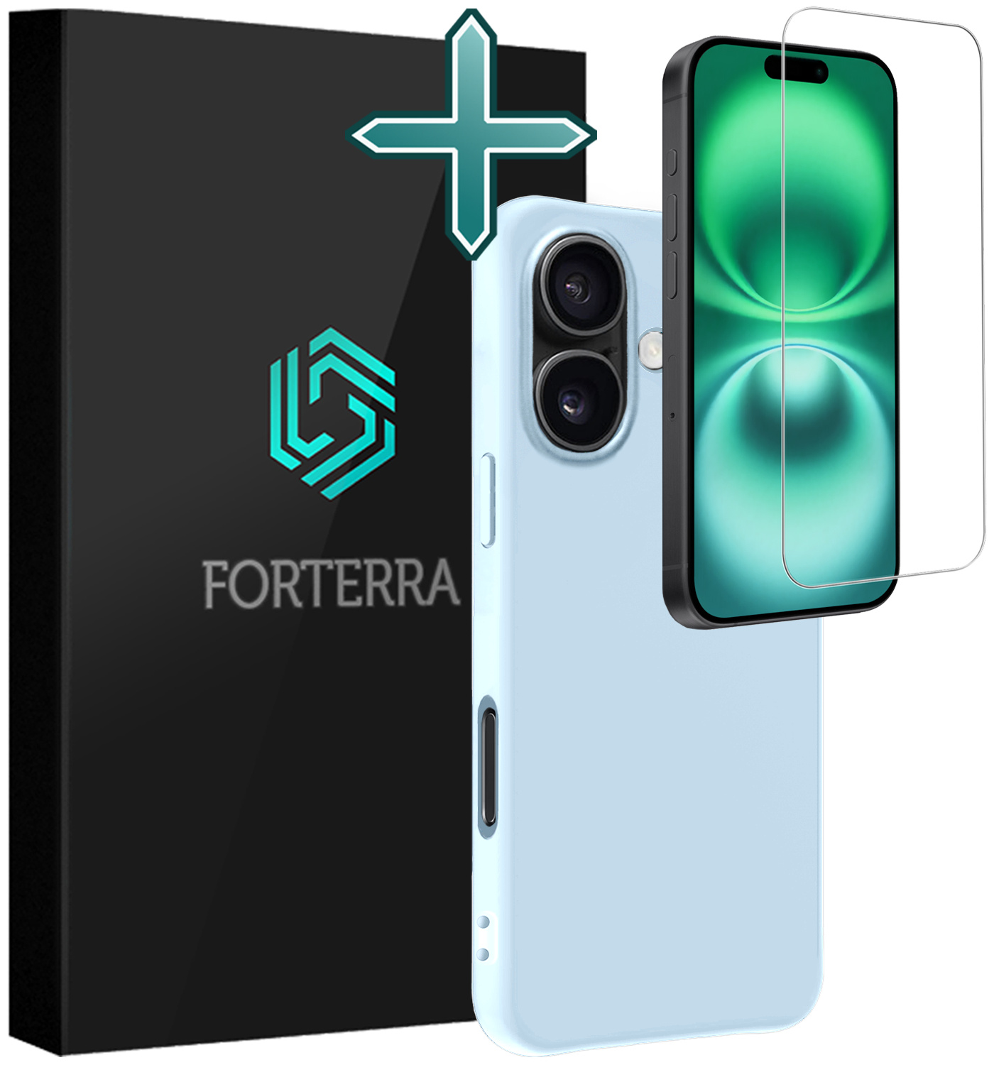 Forterra Hoesje Geschikt voor iPhone 16 Case Siliconen Hoes Met Screenprotector - Hoes Geschikt voor iPhone 16 Hoesje Back Cover - Lichtblauw