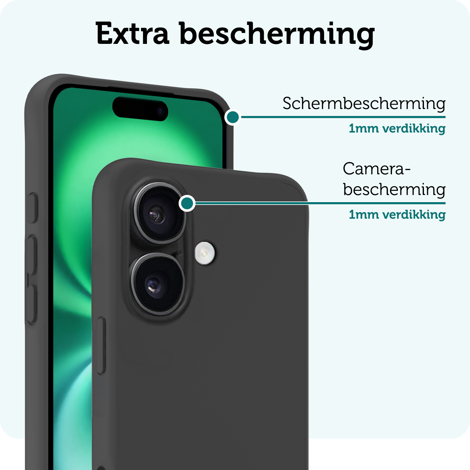 Forterra Hoesje Geschikt voor iPhone 16 Case Siliconen Hoes Met Screenprotector - Hoes Geschikt voor iPhone 16 Hoesje Back Cover - Zwart