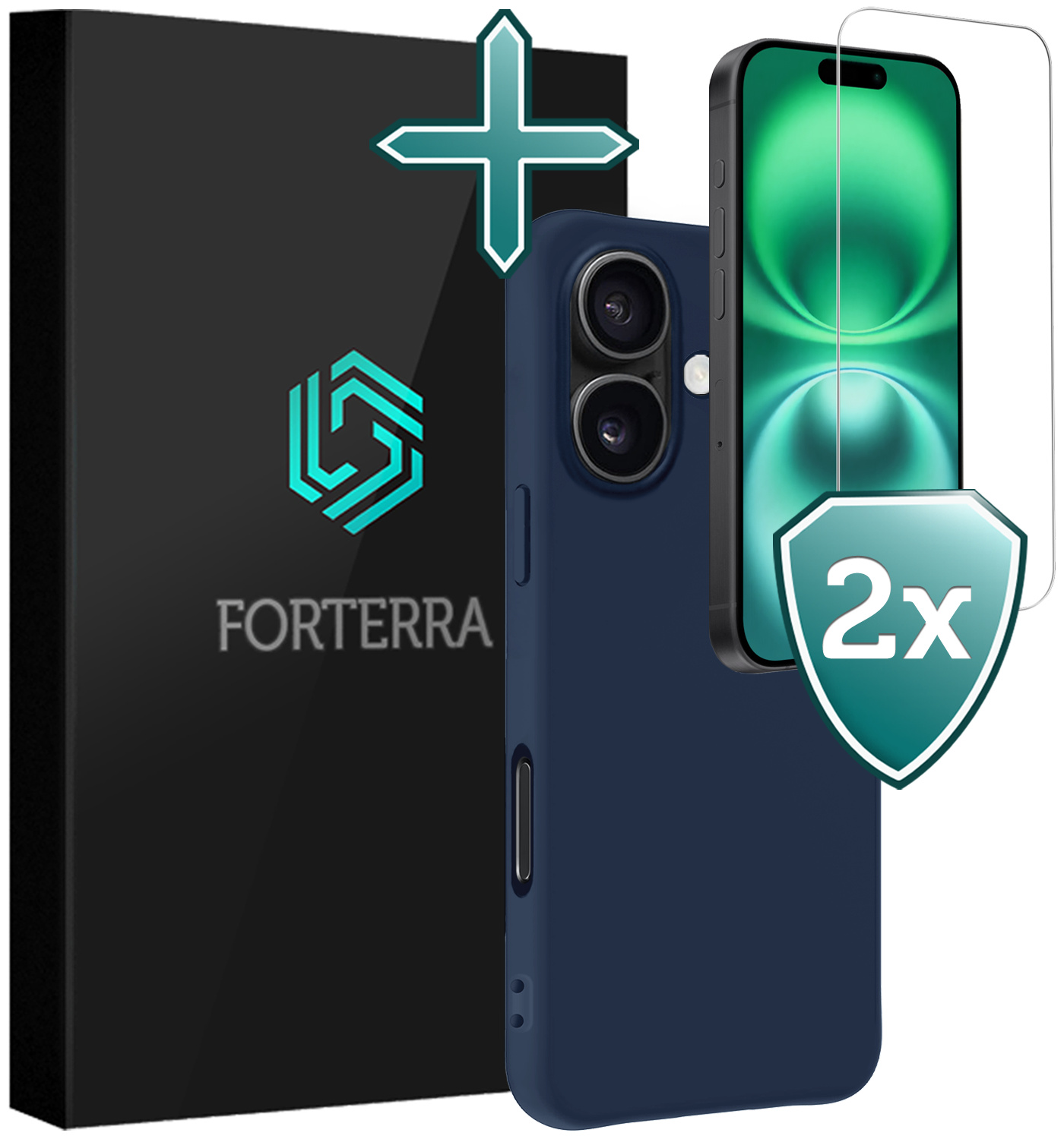 Forterra Hoesje Geschikt voor iPhone 16 Case Siliconen Hoes Met 2x Screenprotector - Hoes Geschikt voor iPhone 16 Hoesje Back Cover - Donkerblauw