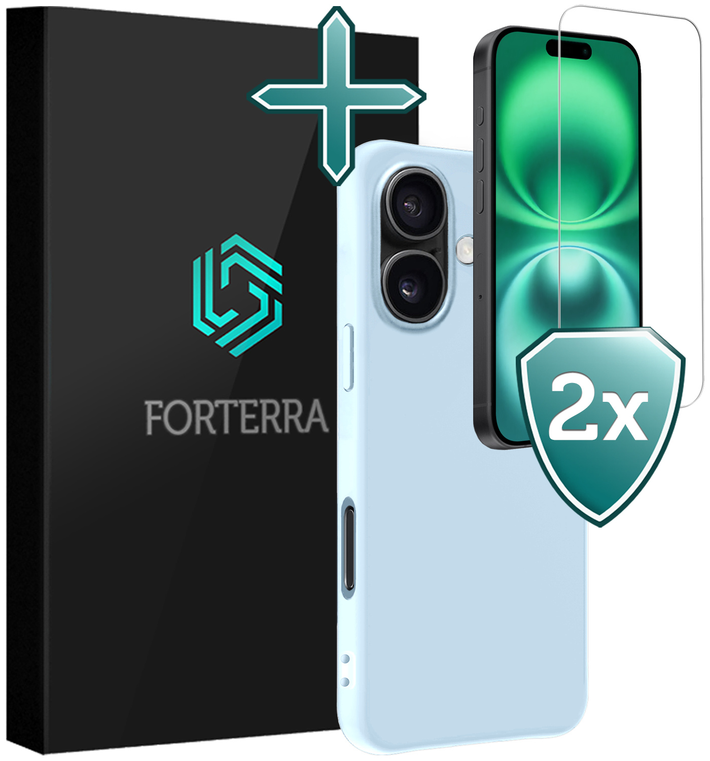 Forterra Hoesje Geschikt voor iPhone 16 Case Siliconen Hoes Met 2x Screenprotector - Hoes Geschikt voor iPhone 16 Hoesje Back Cover - Lichtblauw