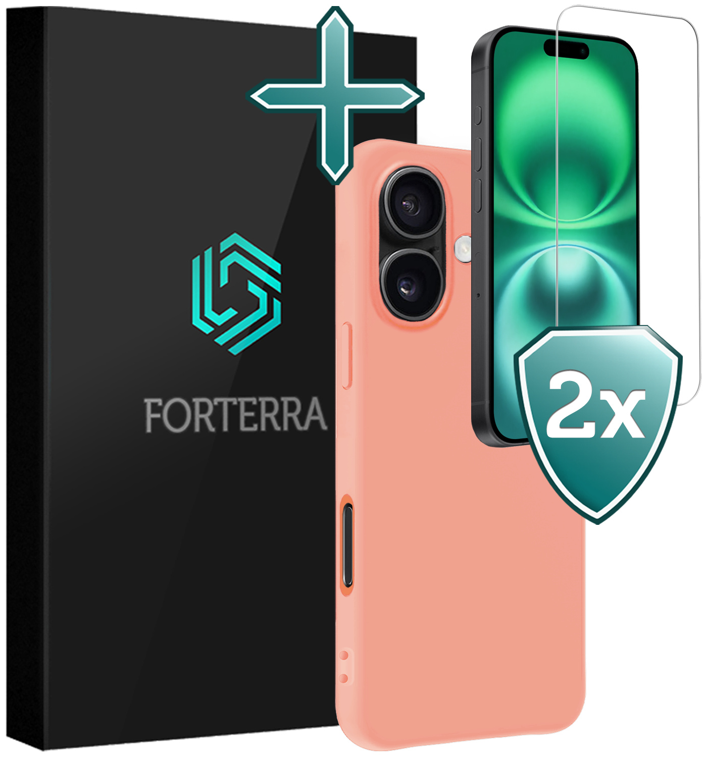 Forterra Hoesje Geschikt voor iPhone 16 Case Siliconen Hoes Met 2x Screenprotector - Hoes Geschikt voor iPhone 16 Hoesje Back Cover - Perzik