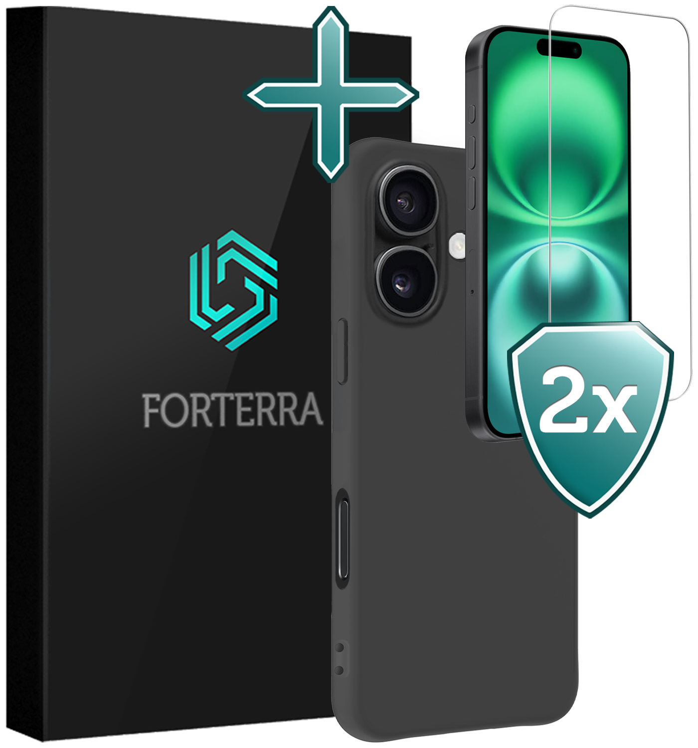 Forterra Hoesje Geschikt voor iPhone 16 Case Siliconen Hoes Met 2x Screenprotector - Hoes Geschikt voor iPhone 16 Hoesje Back Cover - Zwart