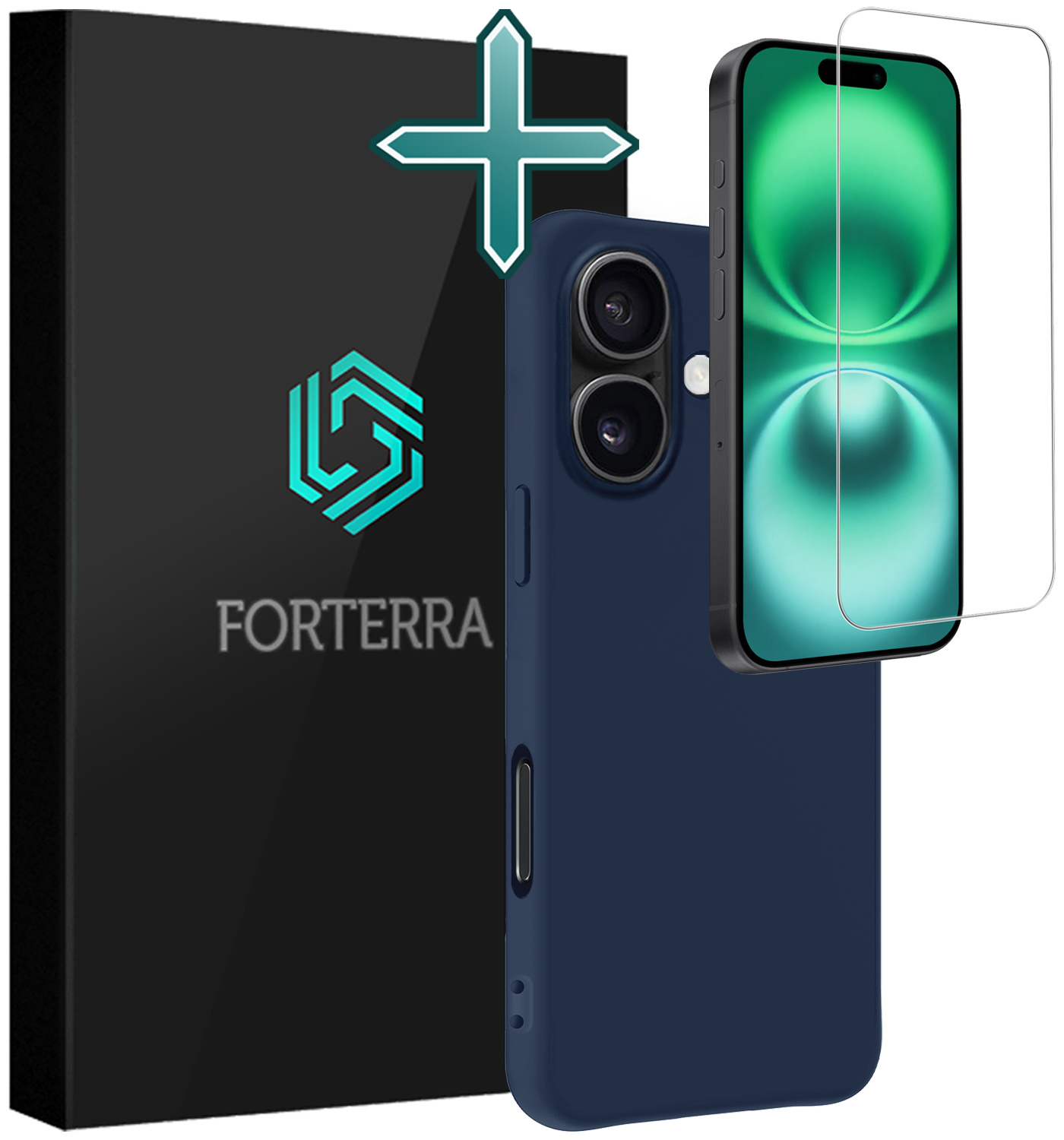 Forterra Hoesje Geschikt voor iPhone 16 Plus Case Siliconen Hoes Met Screenprotector - Hoes Geschikt voor iPhone 16 Plus Hoesje Back Cover - Donkerblauw