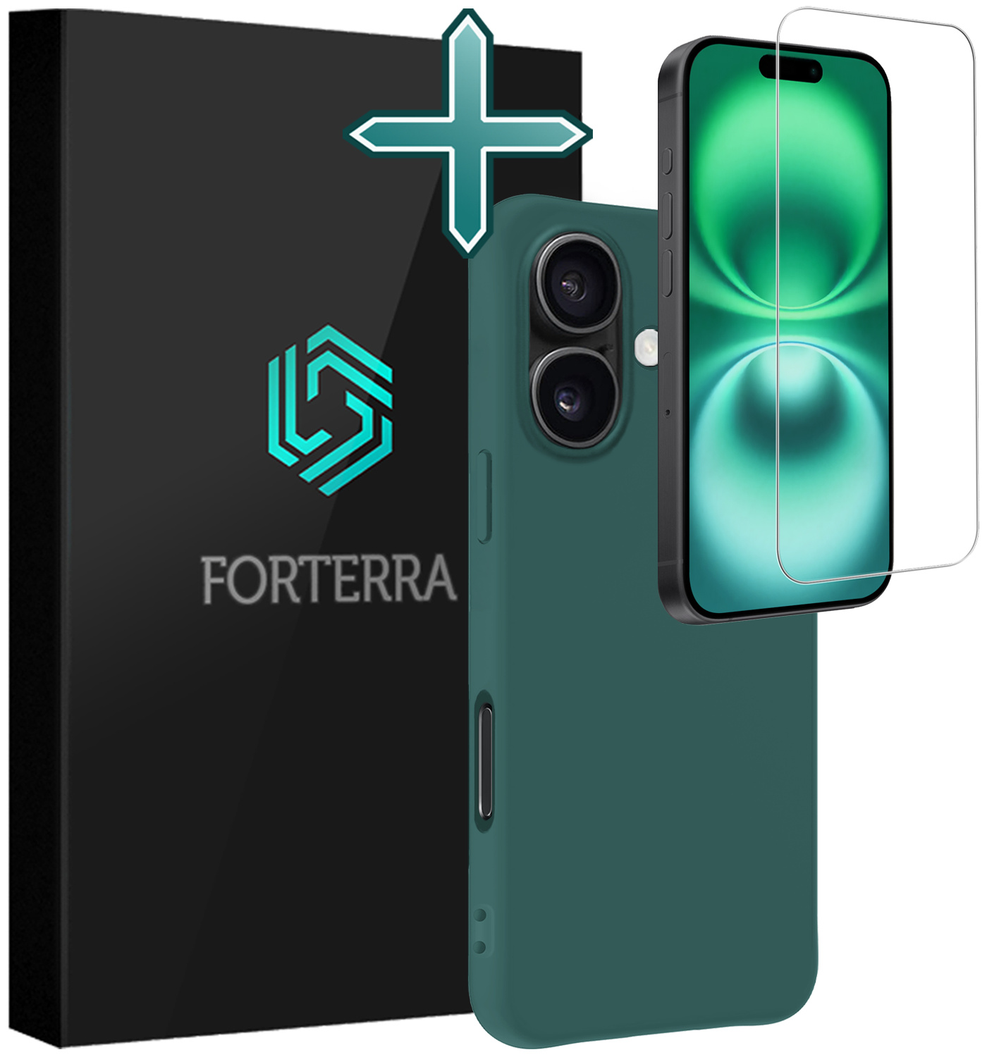 Forterra Hoesje Geschikt voor iPhone 16 Plus Case Siliconen Hoes Met Screenprotector - Hoes Geschikt voor iPhone 16 Plus Hoesje Back Cover - Donkergroen