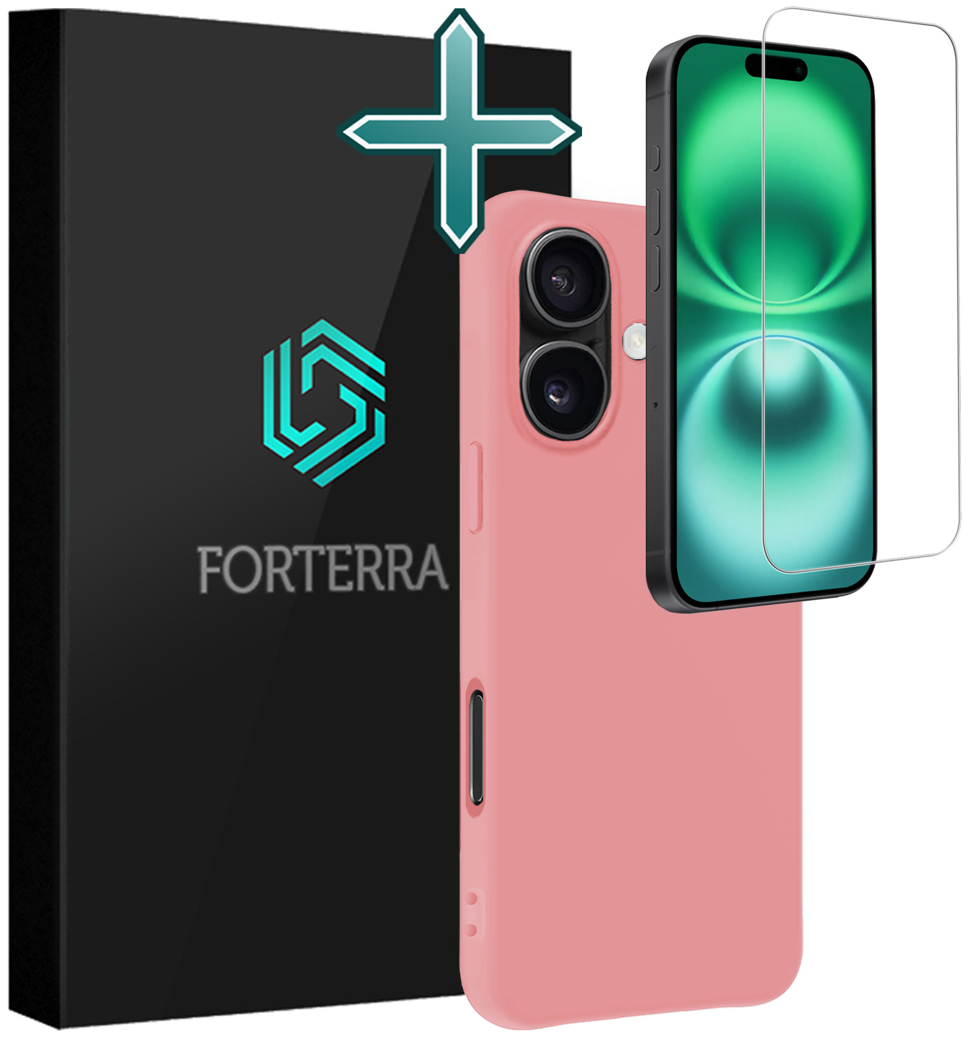 Forterra Hoesje Geschikt voor iPhone 16 Plus Case Siliconen Hoes Met Screenprotector - Hoes Geschikt voor iPhone 16 Plus Hoesje Back Cover - Lichtroze
