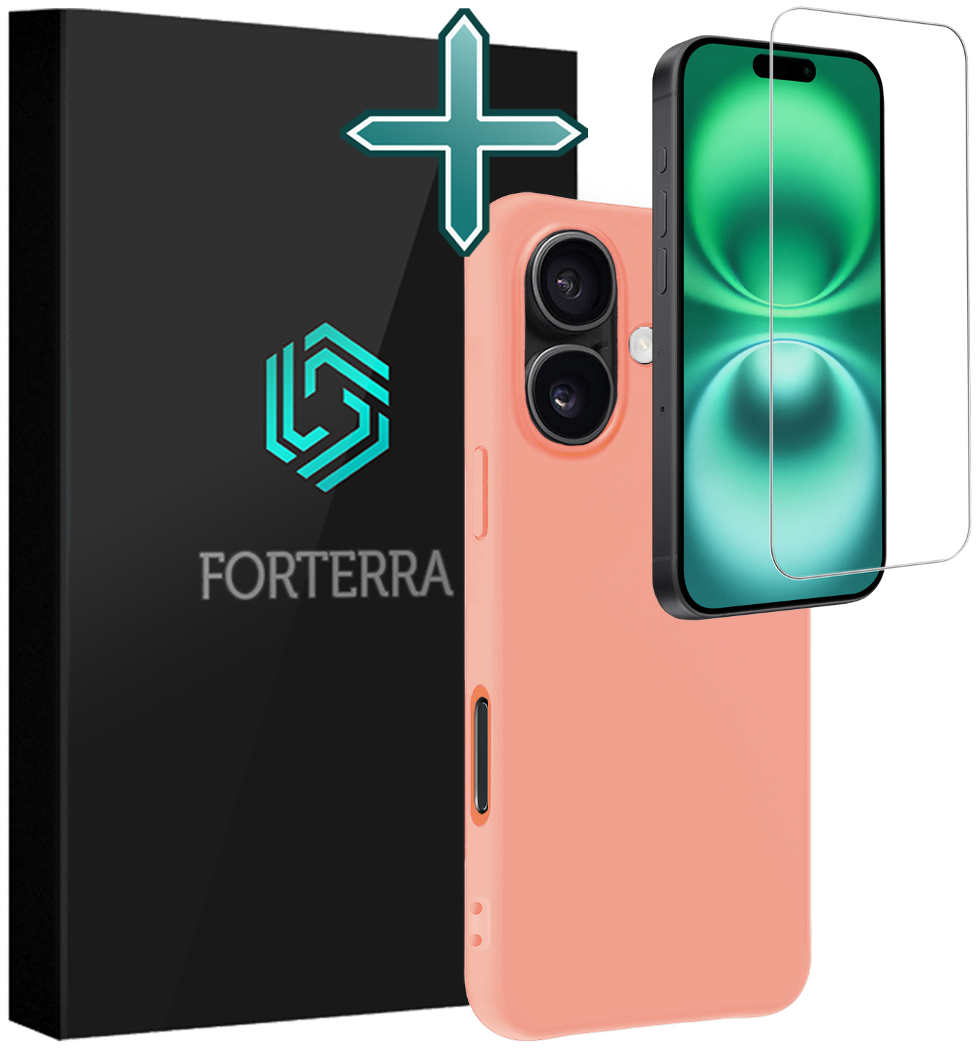 Forterra Hoesje Geschikt voor iPhone 16 Plus Case Siliconen Hoes Met Screenprotector - Hoes Geschikt voor iPhone 16 Plus Hoesje Back Cover - Perzik