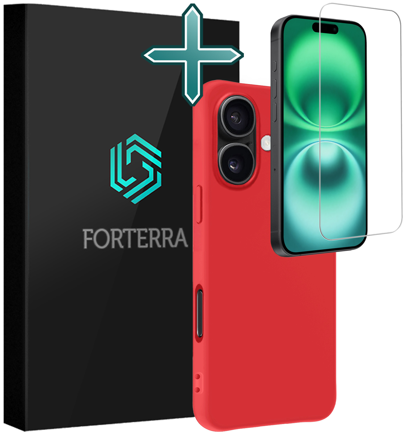Forterra Hoesje Geschikt voor iPhone 16 Plus Case Siliconen Hoes Met Screenprotector - Hoes Geschikt voor iPhone 16 Plus Hoesje Back Cover - Rood