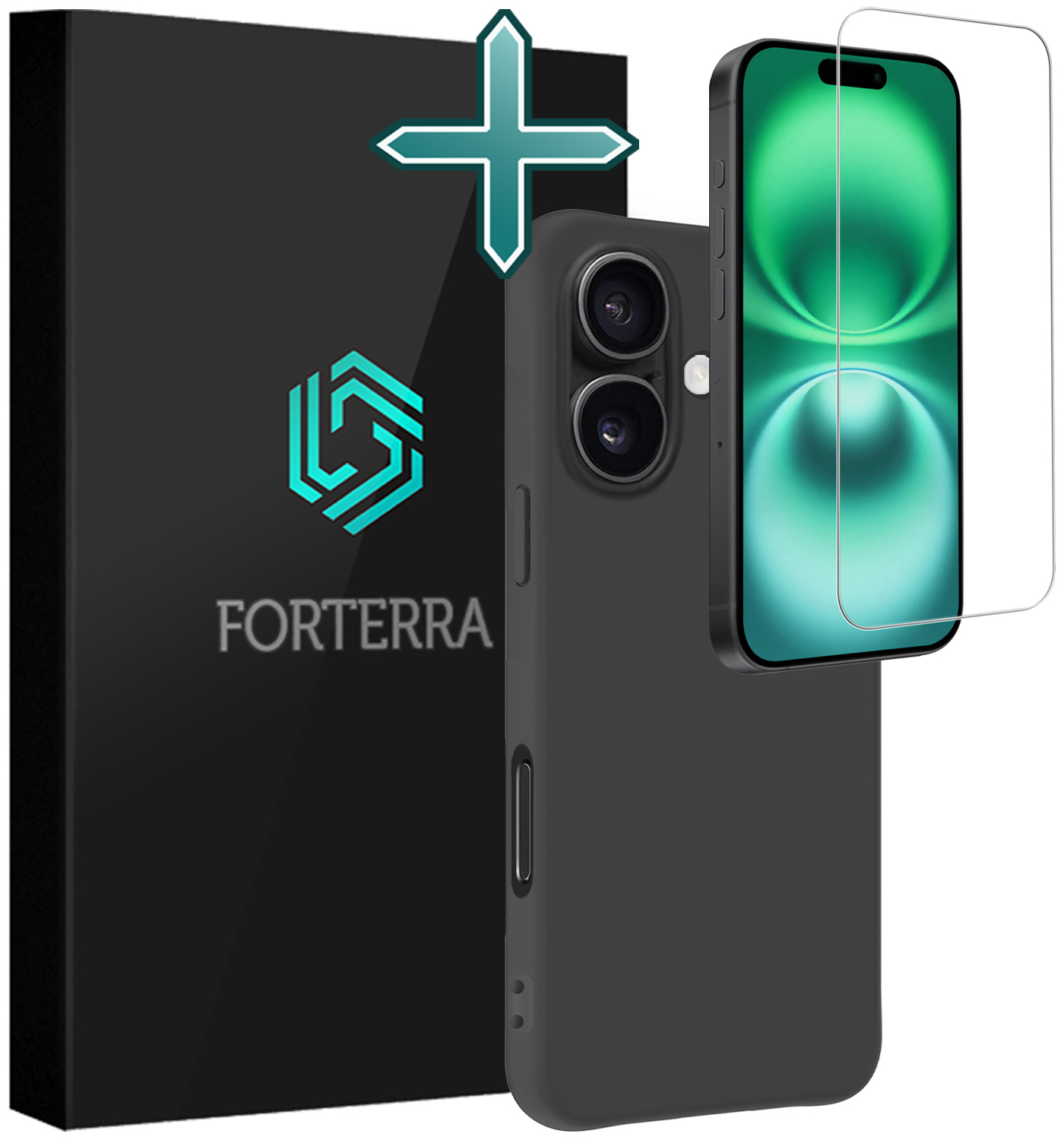 Forterra Hoesje Geschikt voor iPhone 16 Plus Case Siliconen Hoes Met Screenprotector - Hoes Geschikt voor iPhone 16 Plus Hoesje Back Cover - Zwart