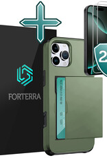 Forterra Hoesje Geschikt voor iPhone 16 Pro Pashouder Hard Case Hoes Met 2x Screenprotector - Hoes Geschikt voor iPhone 16 Pro Hoesje Back Cover Met Pasjeshouder - Donkergroen
