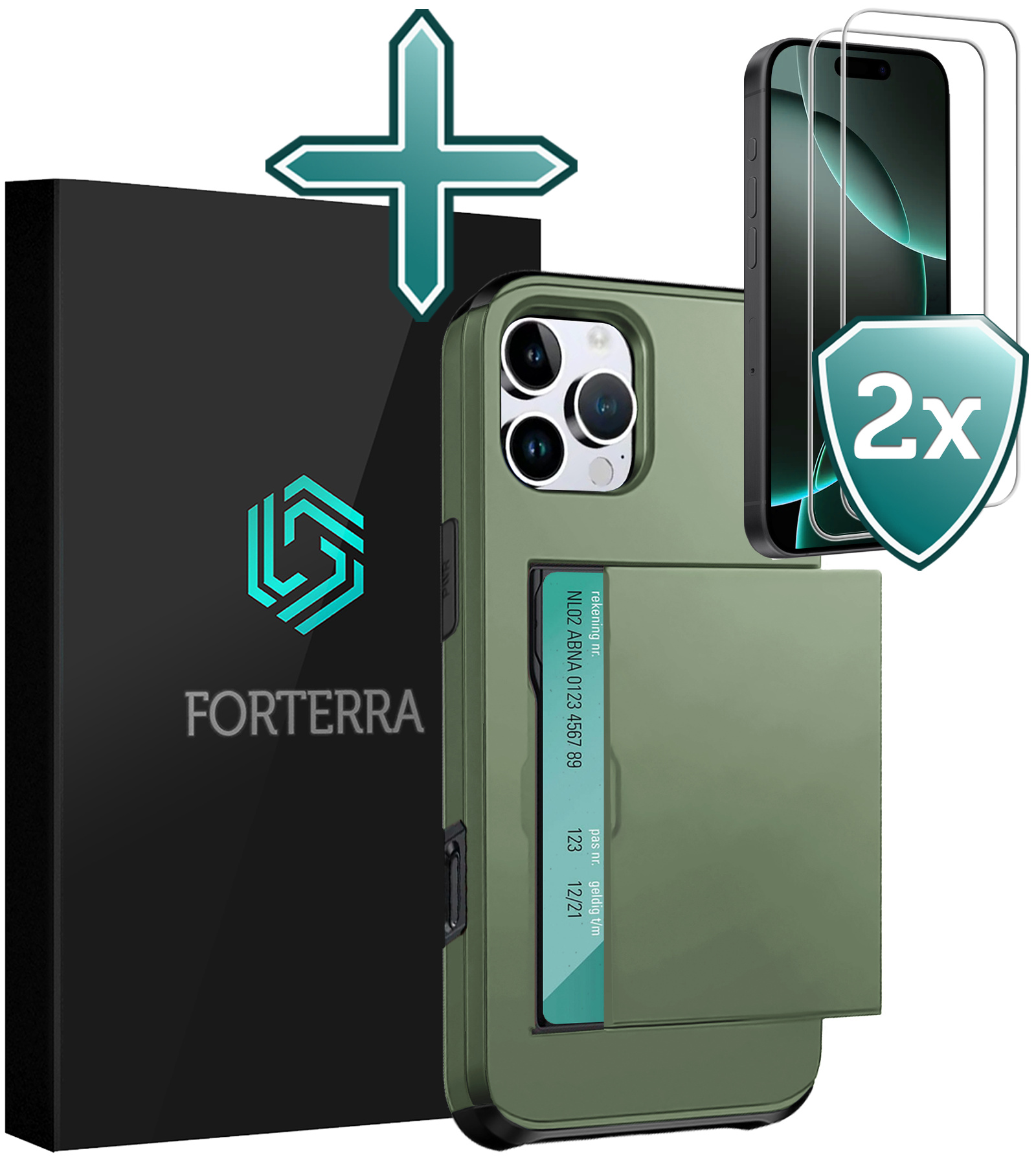 Forterra Hoesje Geschikt voor iPhone 16 Pro Pashouder Hard Case Hoes Met 2x Screenprotector - Hoes Geschikt voor iPhone 16 Pro Hoesje Back Cover Met Pasjeshouder - Donkergroen