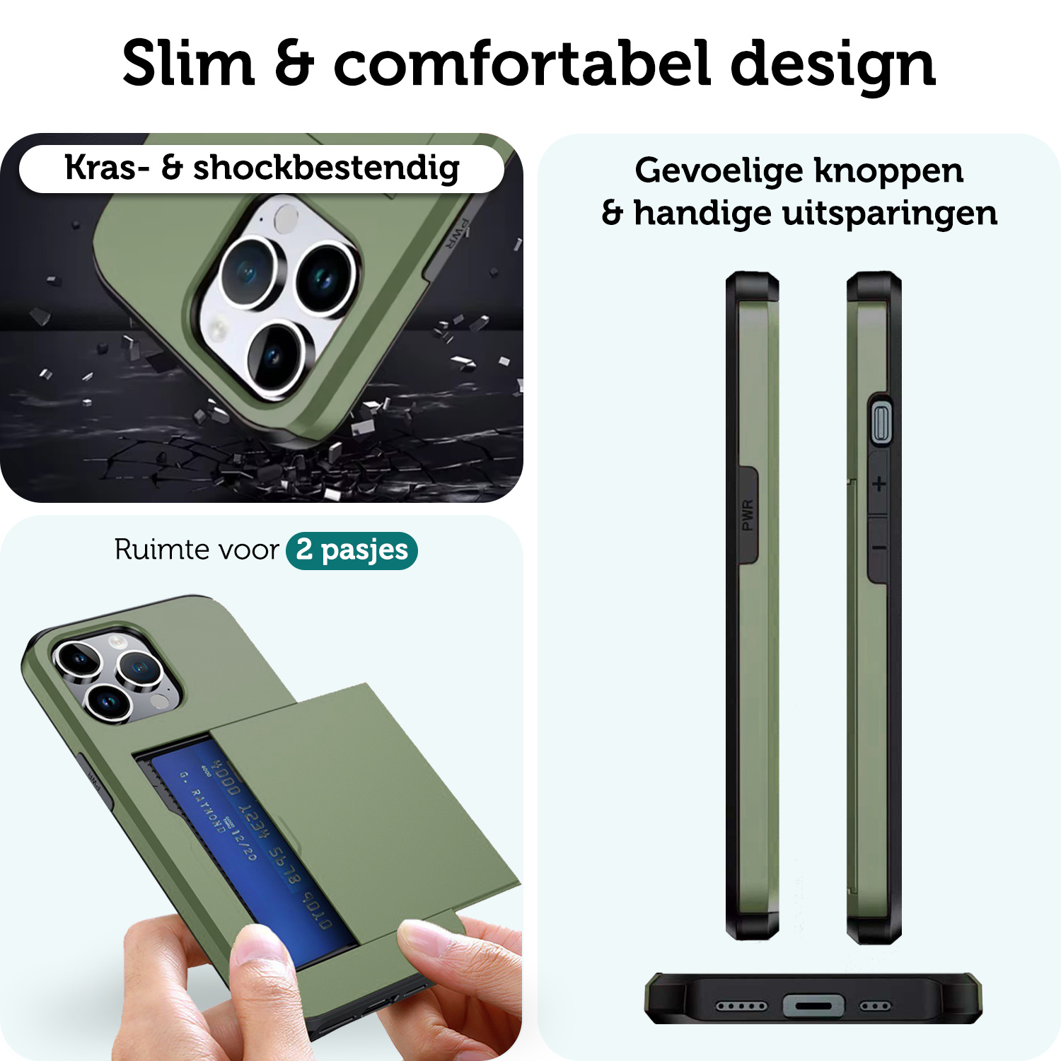 Forterra Hoesje Geschikt voor iPhone 16 Pro Pashouder Hard Case Hoes Met 2x Screenprotector - Hoes Geschikt voor iPhone 16 Pro Hoesje Back Cover Met Pasjeshouder - Donkergroen