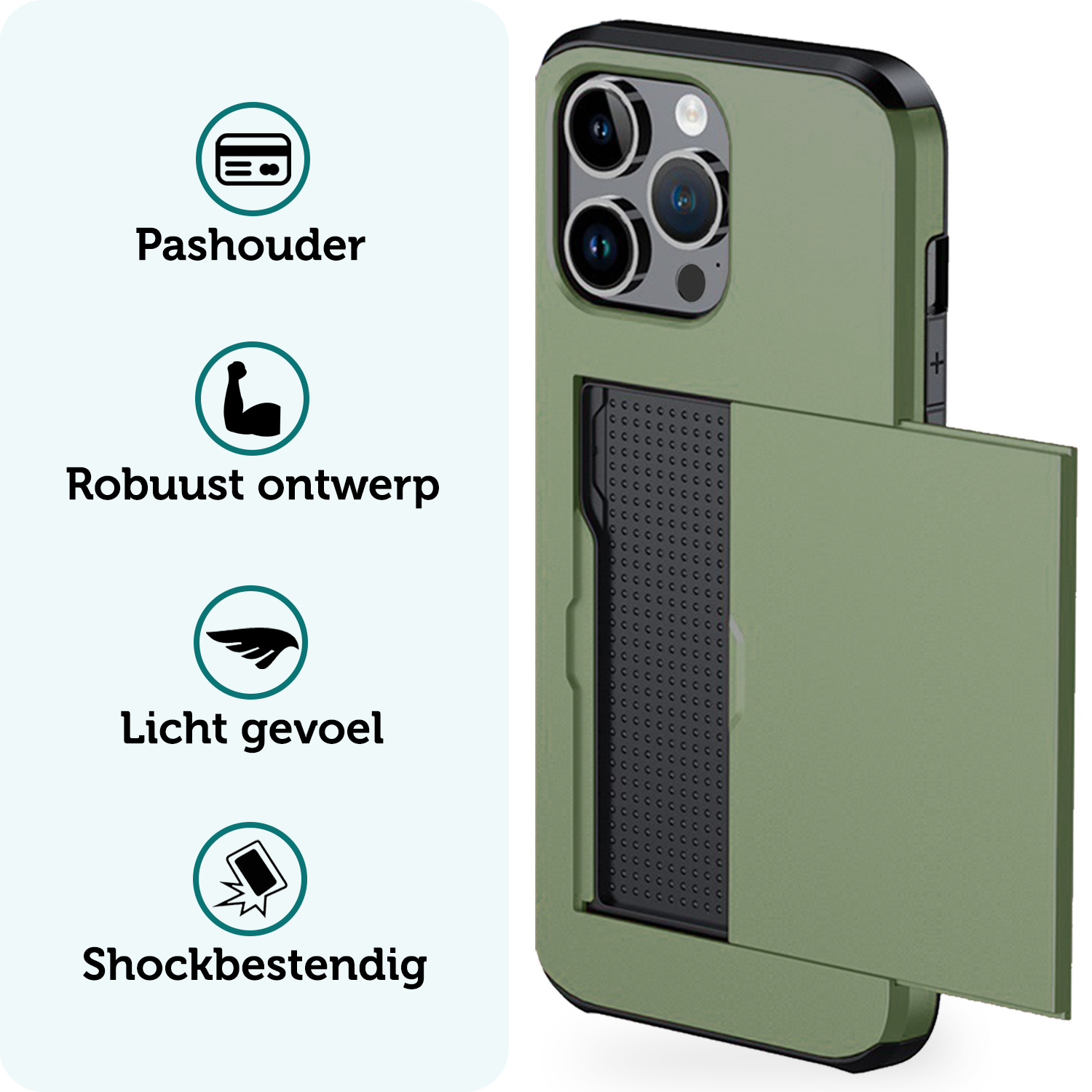 Forterra Hoesje Geschikt voor iPhone 16 Pro Pashouder Hard Case Hoes Met 2x Screenprotector - Hoes Geschikt voor iPhone 16 Pro Hoesje Back Cover Met Pasjeshouder - Donkergroen