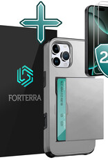 Forterra Hoesje Geschikt voor iPhone 16 Pro Pashouder Hard Case Hoes Met 2x Screenprotector - Hoes Geschikt voor iPhone 16 Pro Hoesje Back Cover Met Pasjeshouder - Grijs