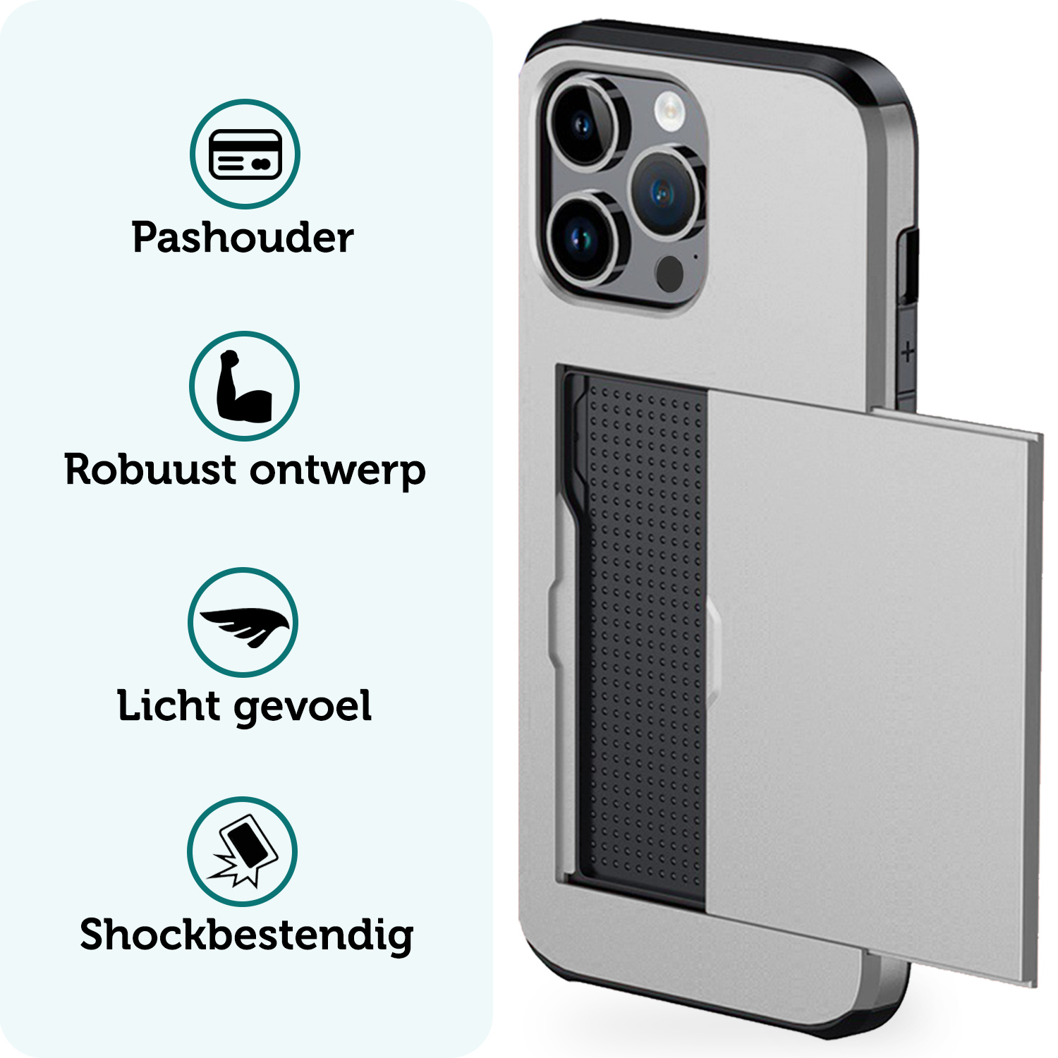 Forterra Hoesje Geschikt voor iPhone 16 Pro Pashouder Hard Case Hoes Met 2x Screenprotector - Hoes Geschikt voor iPhone 16 Pro Hoesje Back Cover Met Pasjeshouder - Grijs