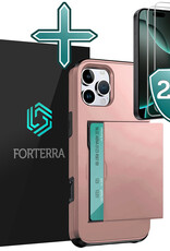 Forterra Hoesje Geschikt voor iPhone 16 Pro Pashouder Hard Case Hoes Met 2x Screenprotector - Hoes Geschikt voor iPhone 16 Pro Hoesje Back Cover Met Pasjeshouder - Rosé goud