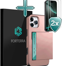 Forterra Forterra iPhone 16 Pro Hoesje Pashouder Hard Met 2x Screenprotector - Rosé Goud