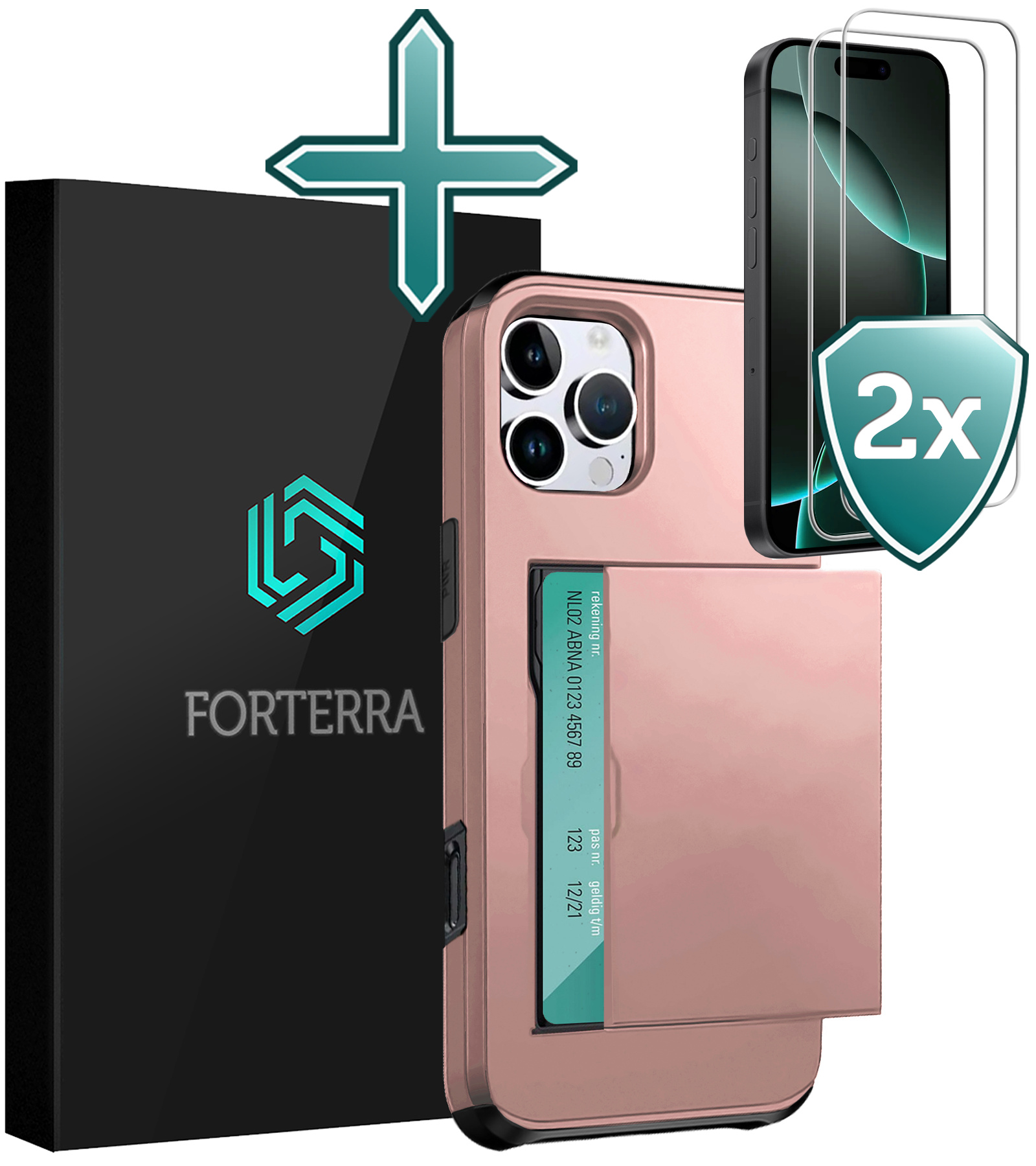 Forterra Hoesje Geschikt voor iPhone 16 Pro Pashouder Hard Case Hoes Met 2x Screenprotector - Hoes Geschikt voor iPhone 16 Pro Hoesje Back Cover Met Pasjeshouder - Rosé goud