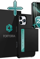 Forterra Hoesje Geschikt voor iPhone 16 Pro Pashouder Hard Case Hoes Met 2x Screenprotector - Hoes Geschikt voor iPhone 16 Pro Hoesje Back Cover Met Pasjeshouder - Zwart