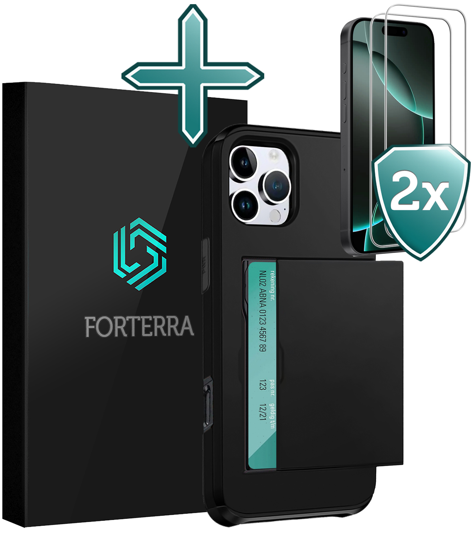 Forterra Hoesje Geschikt voor iPhone 16 Pro Pashouder Hard Case Hoes Met 2x Screenprotector - Hoes Geschikt voor iPhone 16 Pro Hoesje Back Cover Met Pasjeshouder - Zwart