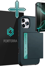 Forterra Hoesje Geschikt voor iPhone 16 Pro Max Pashouder Hard Case Hoes Met Screenprotector - Hoes Geschikt voor iPhone 16 Pro Max Hoesje Back Cover Met Pasjeshouder - Donkerblauw