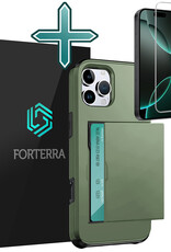 Forterra Hoesje Geschikt voor iPhone 16 Pro Max Pashouder Hard Case Hoes Met Screenprotector - Hoes Geschikt voor iPhone 16 Pro Max Hoesje Back Cover Met Pasjeshouder - Donkergroen
