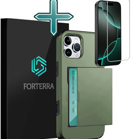 Forterra Forterra iPhone 16 Pro Max Hoesje Pashouder Hard Met Screenprotector - Donker Groen