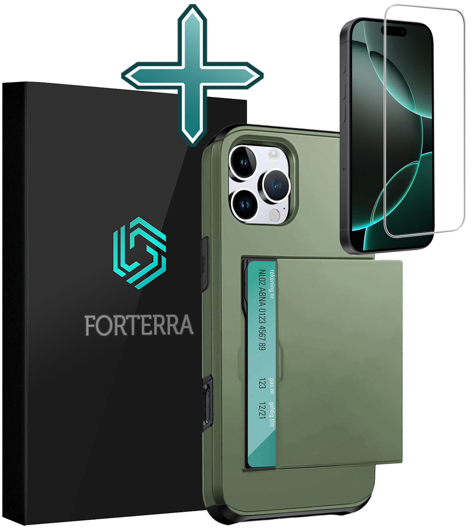 Forterra Hoesje Geschikt voor iPhone 16 Pro Max Pashouder Hard Case Hoes Met Screenprotector - Hoes Geschikt voor iPhone 16 Pro Max Hoesje Back Cover Met Pasjeshouder - Donkergroen