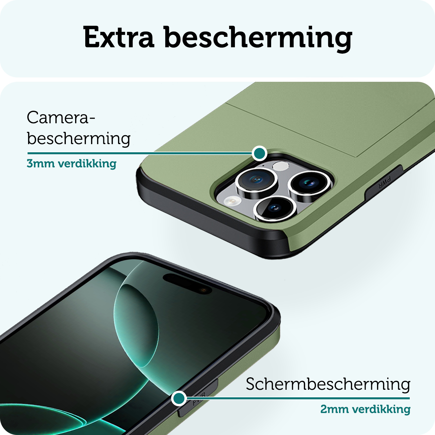 Forterra Hoesje Geschikt voor iPhone 16 Pro Max Pashouder Hard Case Hoes Met Screenprotector - Hoes Geschikt voor iPhone 16 Pro Max Hoesje Back Cover Met Pasjeshouder - Donkergroen