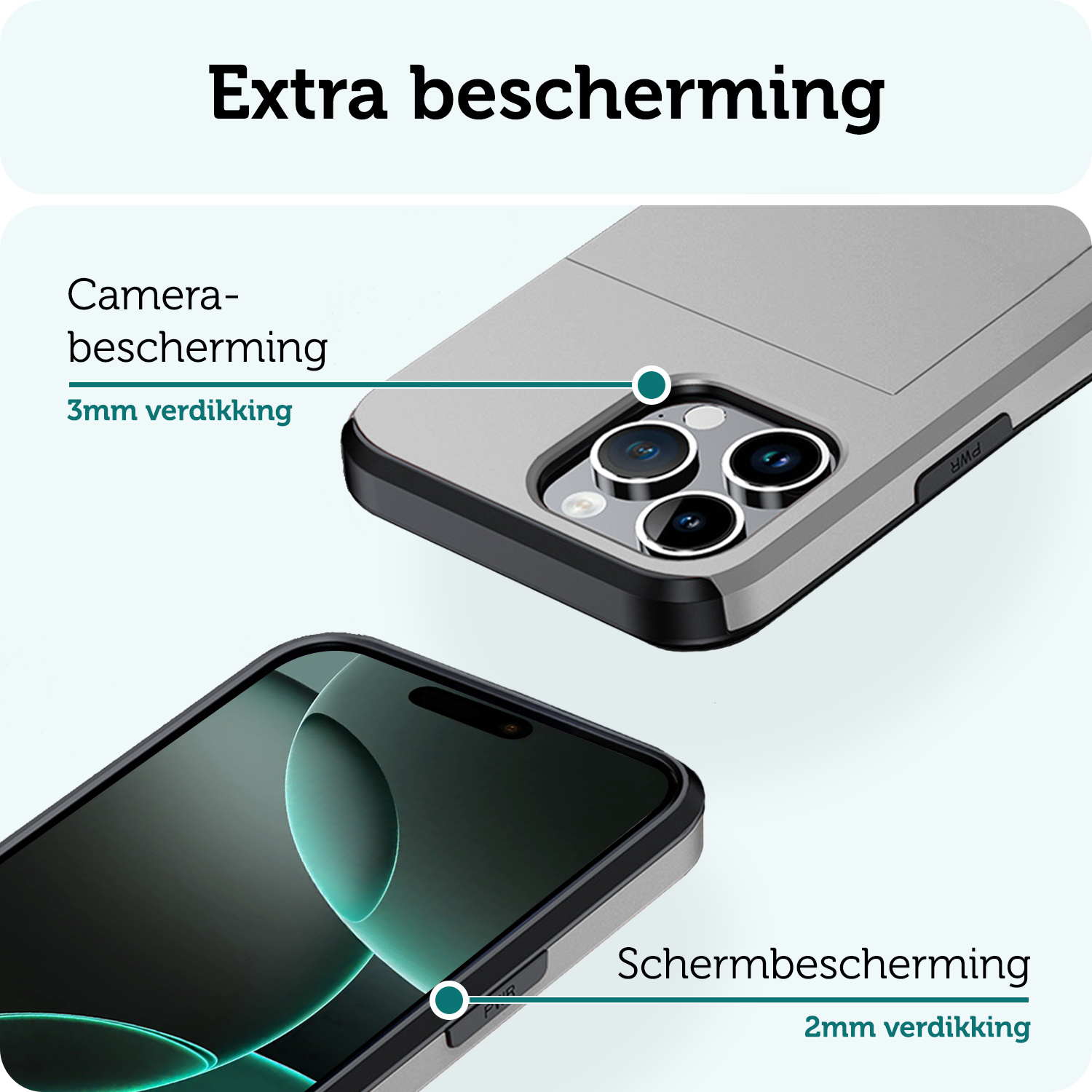 Forterra Hoesje Geschikt voor iPhone 16 Pro Max Pashouder Hard Case Hoes Met Screenprotector - Hoes Geschikt voor iPhone 16 Pro Max Hoesje Back Cover Met Pasjeshouder - Grijs