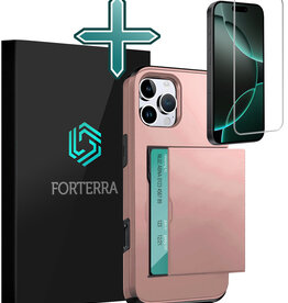 Forterra Forterra iPhone 16 Pro Max Hoesje Pashouder Hard Met Screenprotector - Rosé Goud