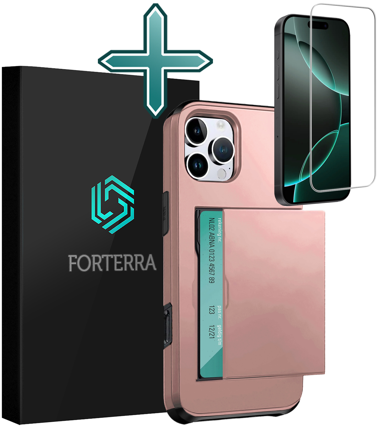 Forterra Hoesje Geschikt voor iPhone 16 Pro Max Pashouder Hard Case Hoes Met Screenprotector - Hoes Geschikt voor iPhone 16 Pro Max Hoesje Back Cover Met Pasjeshouder - Rosé Goud