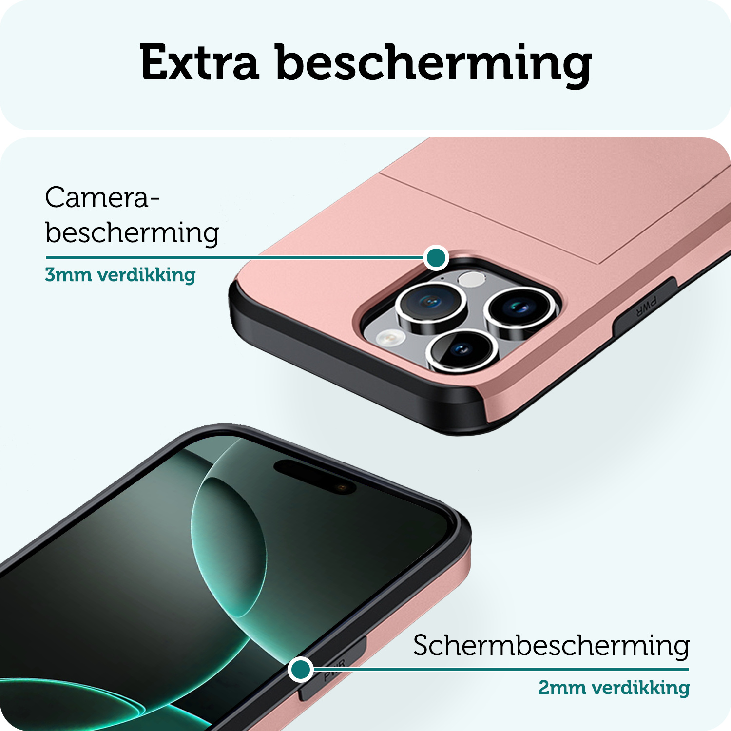 Forterra Hoesje Geschikt voor iPhone 16 Pro Max Pashouder Hard Case Hoes Met Screenprotector - Hoes Geschikt voor iPhone 16 Pro Max Hoesje Back Cover Met Pasjeshouder - Rosé Goud