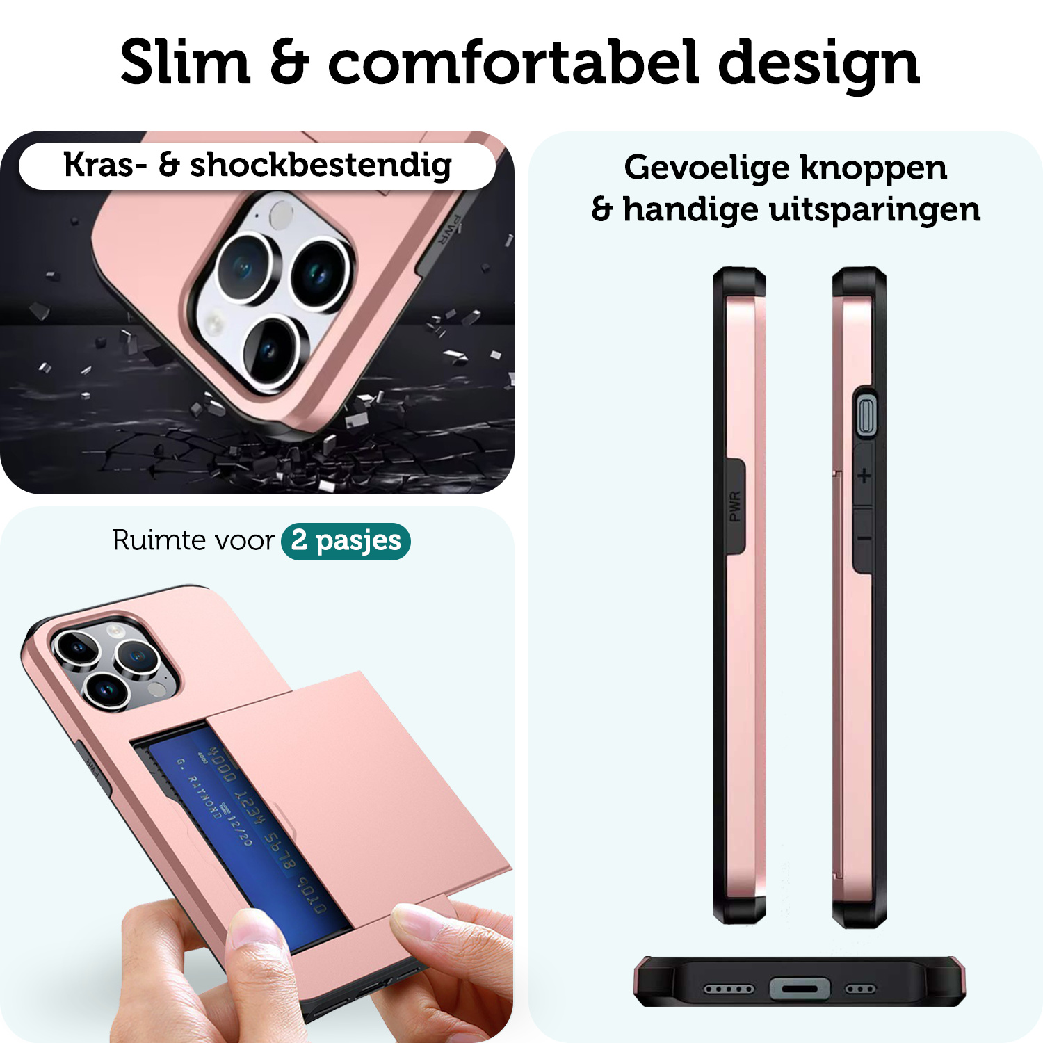 Forterra Hoesje Geschikt voor iPhone 16 Pro Max Pashouder Hard Case Hoes Met 2x Screenprotector - Hoes Geschikt voor iPhone 16 Pro Max Hoesje Back Cover Met Pasjeshouder - Rosé Goud